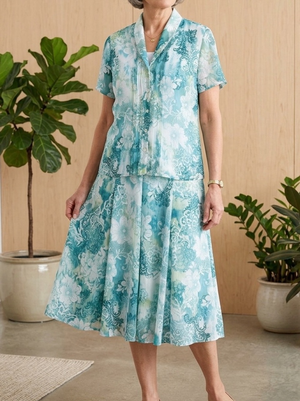 Alfred Dunner blue white floral button down blouse and skirt set size 14